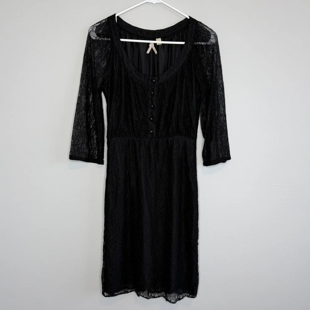 Maeve Black Lace Dress 2 3/4 Sleeves Silk Lining NO BELT Whimsigoth Party Anthro